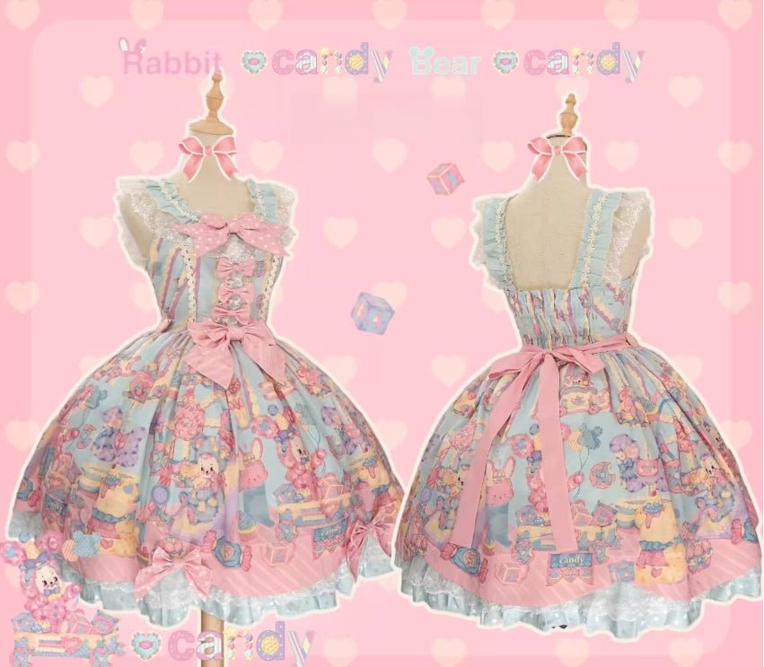 Rainbow Parfait Bunny Strawberry Cake Lolita JSK Dress - LolitaEraBlue JSKSRainbow Parfait Bunny Strawberry Cake Lolita JSK Dress