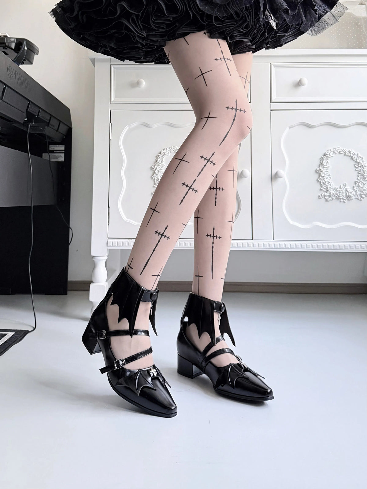 [Replenishment] GURURU original punk y2k gothic cross dark bat low heels of the Night Witch