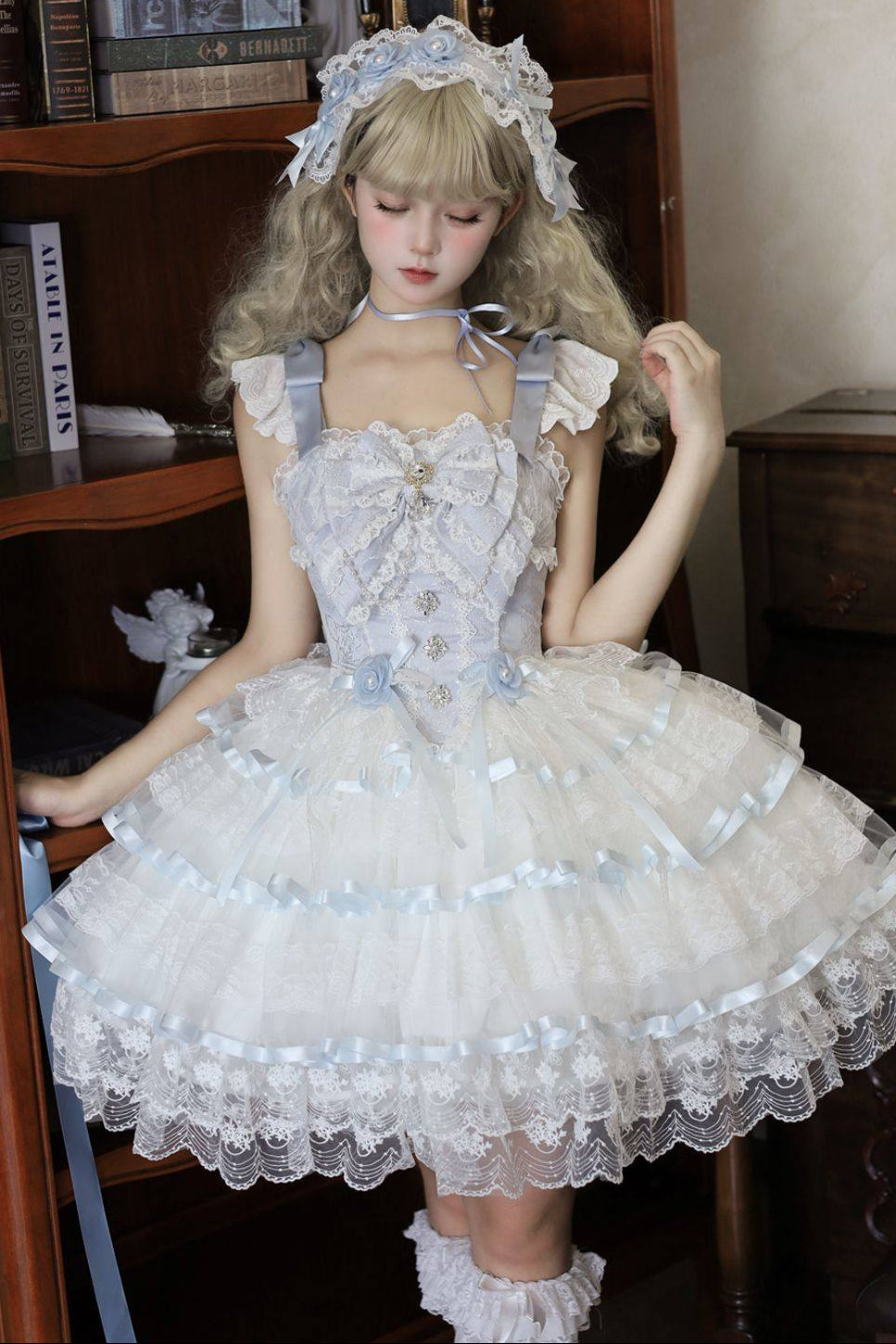 Rose Feather Spin Ballet Sweet Lolita JSK 1337 - LolitaEraBlue JSK + Headdress + Tail WingsSRose Feather Spin Ballet Sweet Lolita JSK 1337