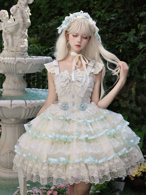 Rose Feather Spin Ballet Sweet Lolita JSK 1337 - LolitaEraGreen JSK + Headdress + Tail WingsSRose Feather Spin Ballet Sweet Lolita JSK 1337