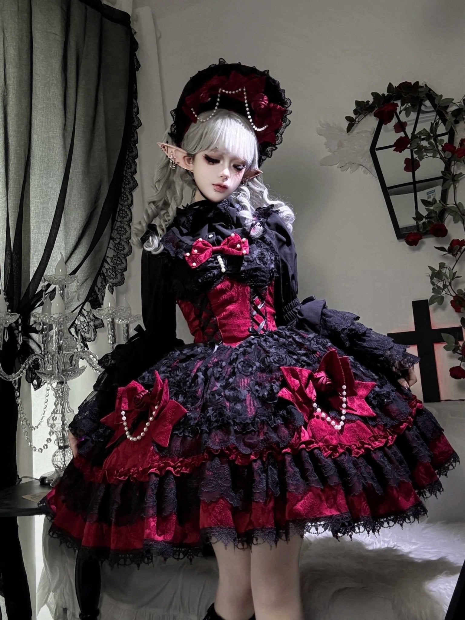 Rose Princess Lolita Red JSK Dress 1334 - LolitaEraRed JSKSRose Princess Lolita Red JSK Dress 1334