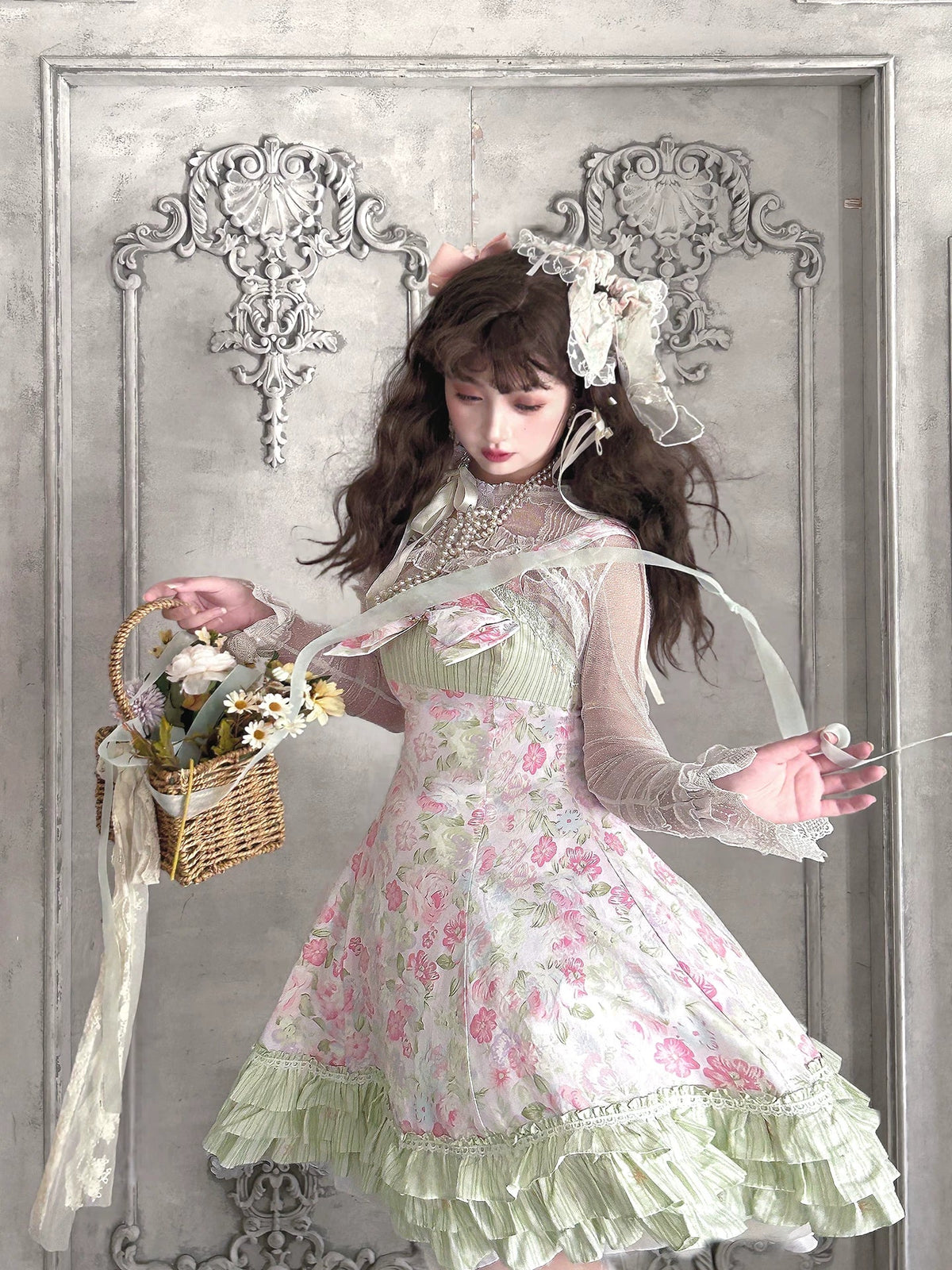 Rose Spring Romance Pink Green Floral Classic Lolita JSK Dress - LolitaEra