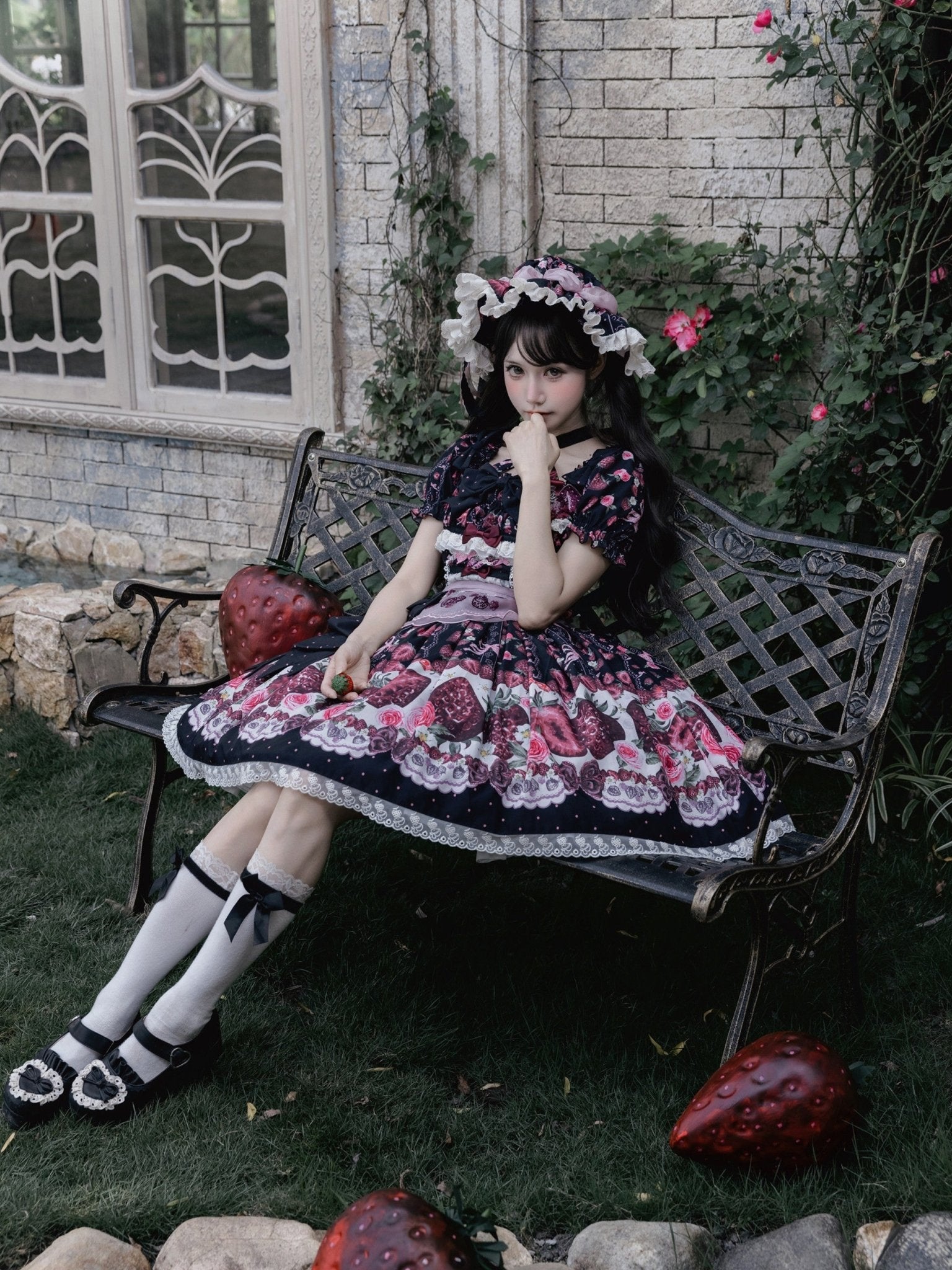 Rotten Berry Fairy Tale Strawberry Print Sweet Gothic Lolita OP Dress - LolitaEra