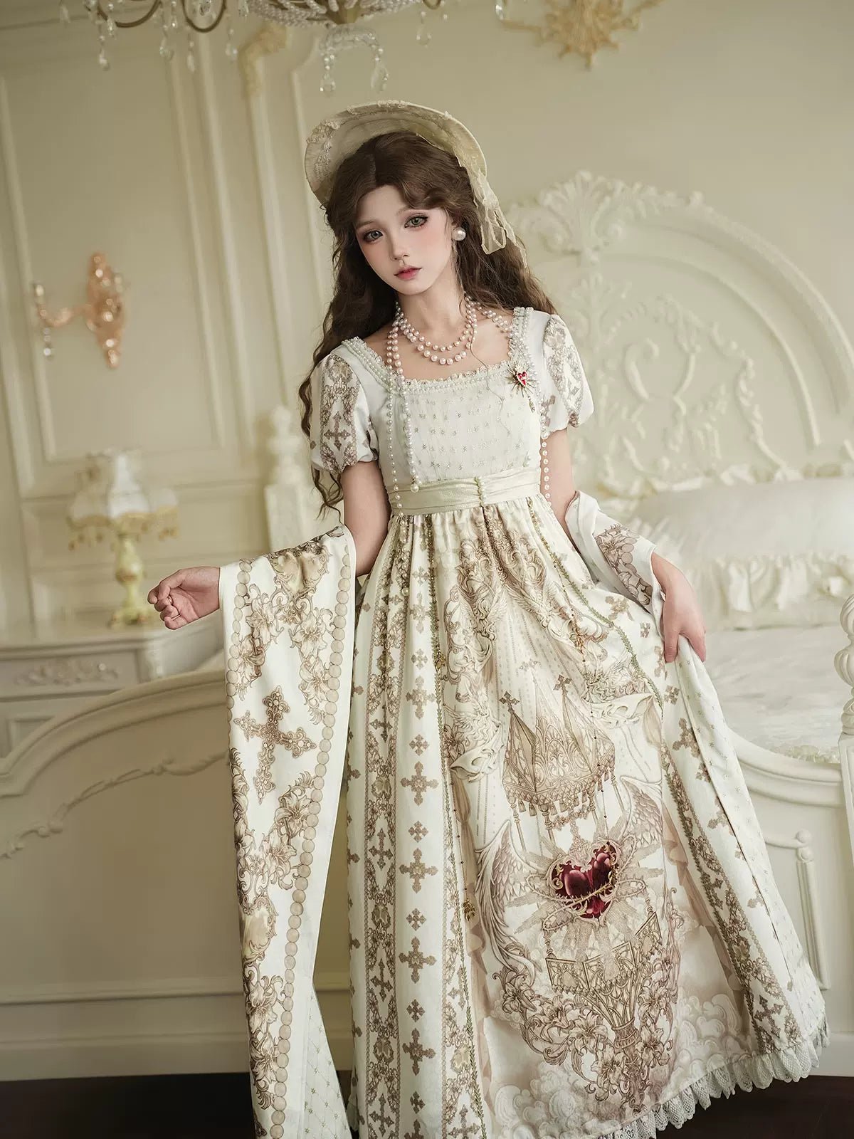 Sacred Coronation Gothic Cathedral Print Empire Lolita OP Dress Set - LolitaEra