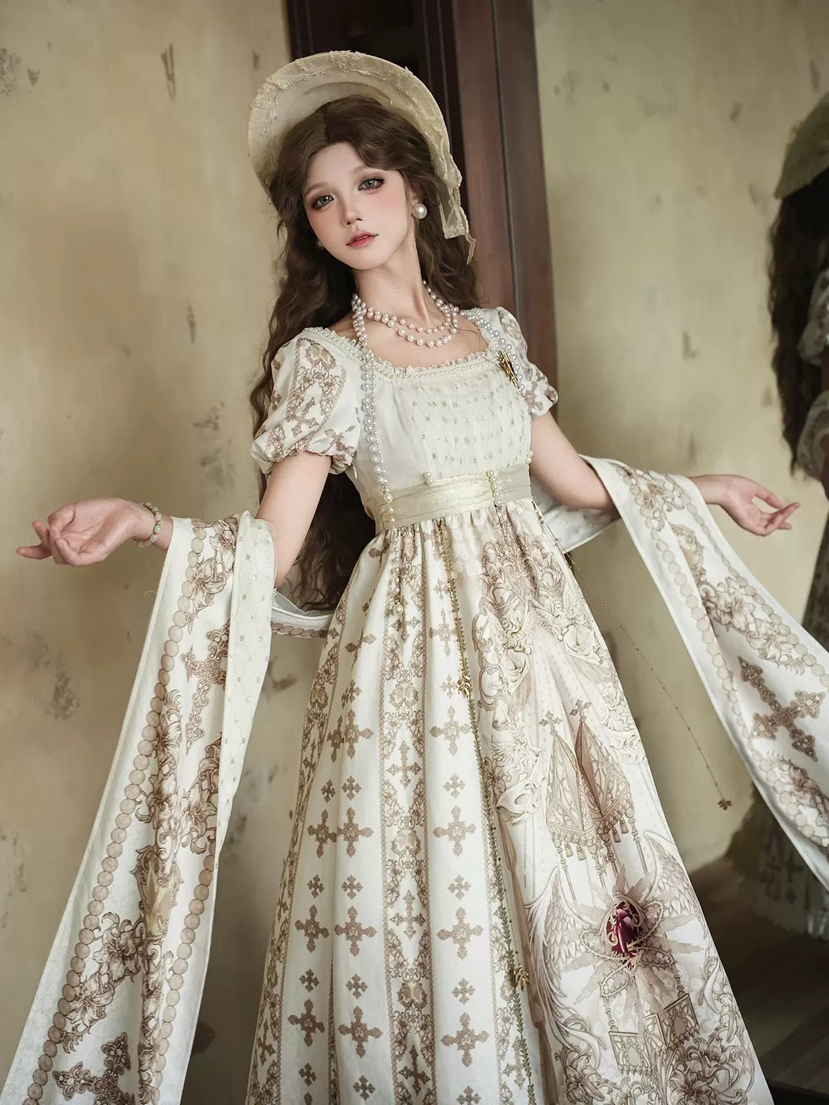 Sacred Coronation Gothic Cathedral Print Empire Lolita OP Dress Set - LolitaEra