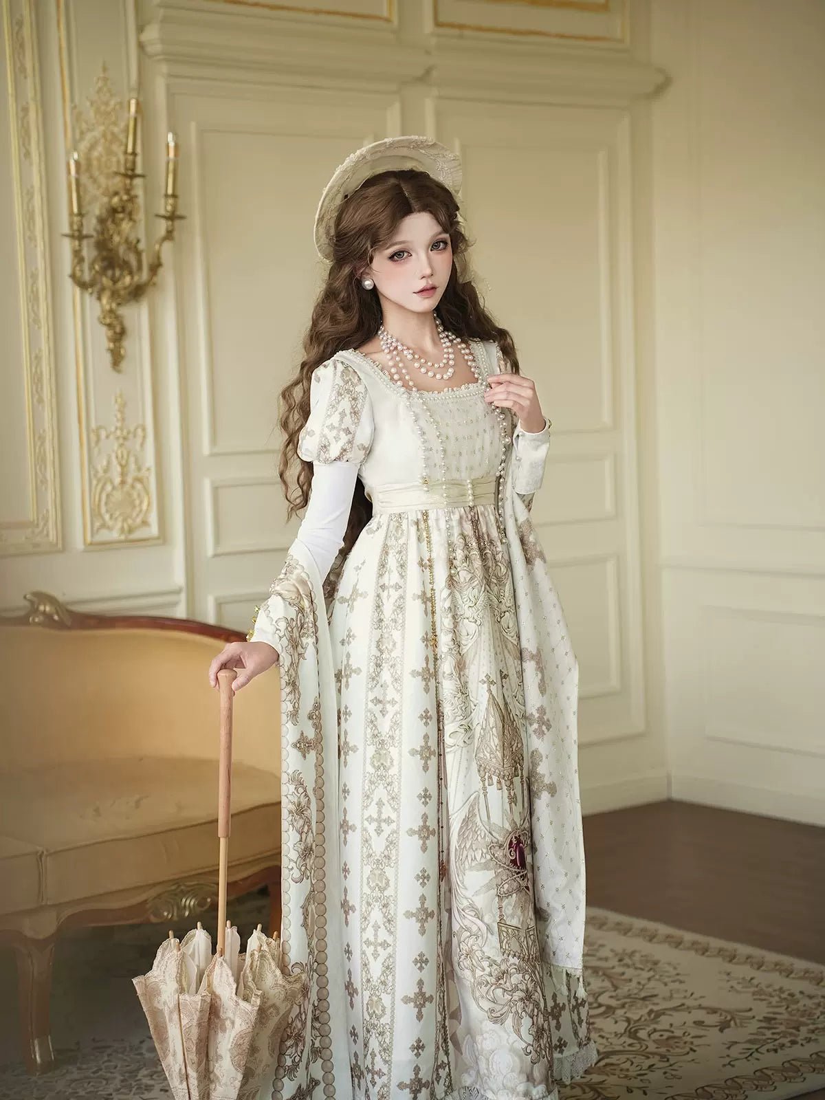 Sacred Coronation Gothic Cathedral Print Empire Lolita OP Dress Set - LolitaEra