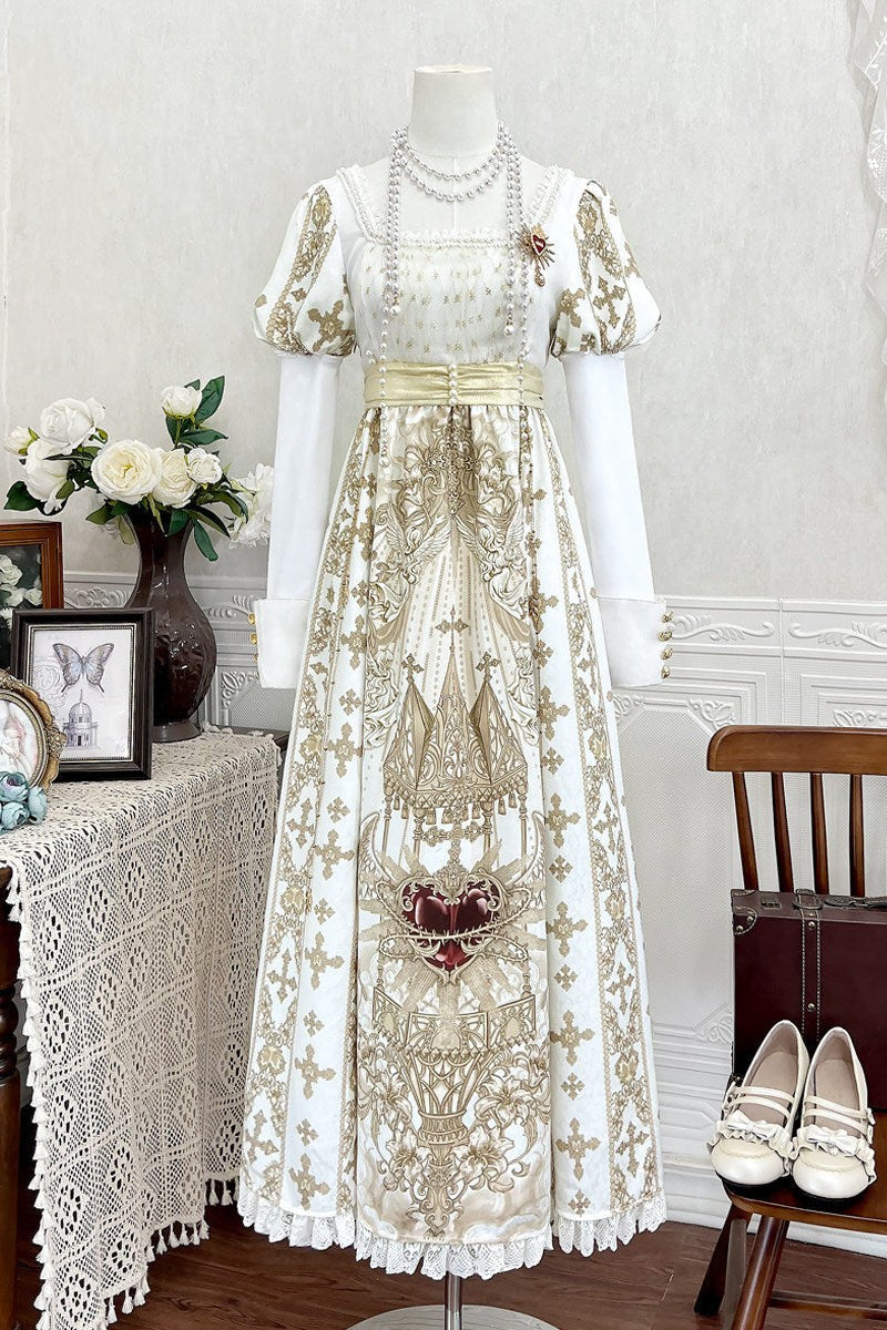 Sacred Coronation Gothic Cathedral Print Empire Lolita OP Dress Set - LolitaEra