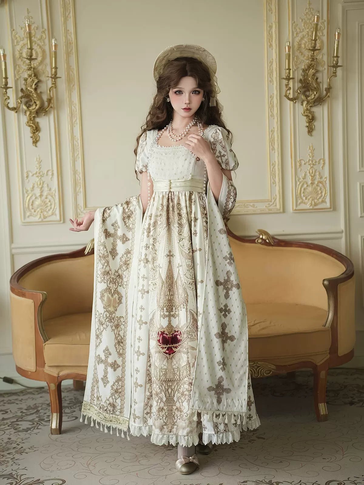 Sacred Coronation Gothic Cathedral Print Empire Lolita OP Dress Set - LolitaEra