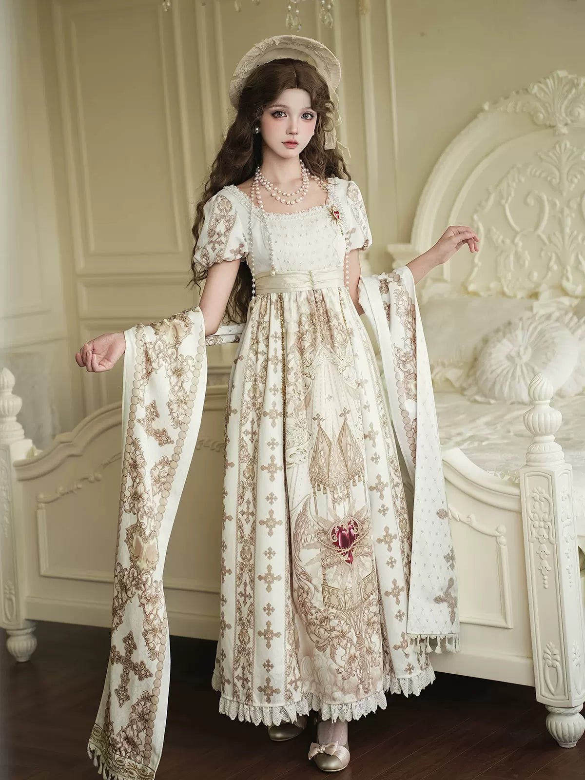 Sacred Coronation Gothic Cathedral Print Empire Lolita OP Dress Set - LolitaEra