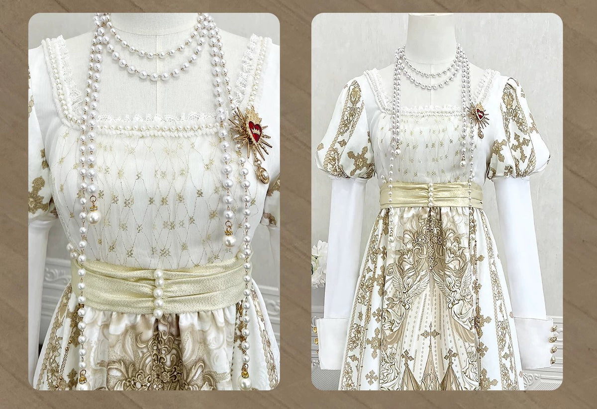 Sacred Coronation Gothic Cathedral Print Empire Lolita OP Dress Set - LolitaEra