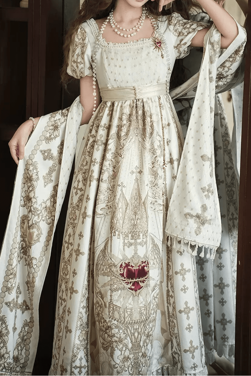Sacred Coronation Gothic Cathedral Print Empire Lolita OP Dress Set - LolitaEra