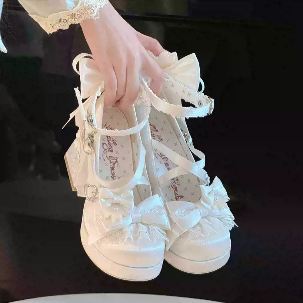 [Sakura Oath] Floating Dream Realm Lolita Shoes Round Toe Bow Sweet Cute Japanese Platform High Heels Women's Shoes
