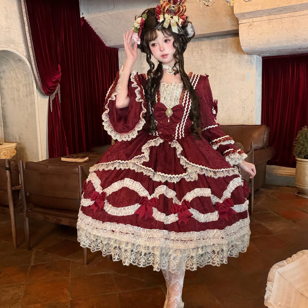 【Berry Rococo】"Scarlet Prologue" Red and Gold Dress-Style Luxurious Lolita Model, One Group Deposit