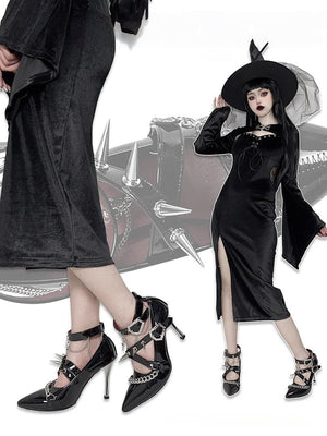Scarlet Sorceress Pointed - Toe Metallic Stiletto Heels LE5114 - LolitaEraBlack Set34Scarlet Sorceress Pointed - Toe Metallic Stiletto Heels LE5114