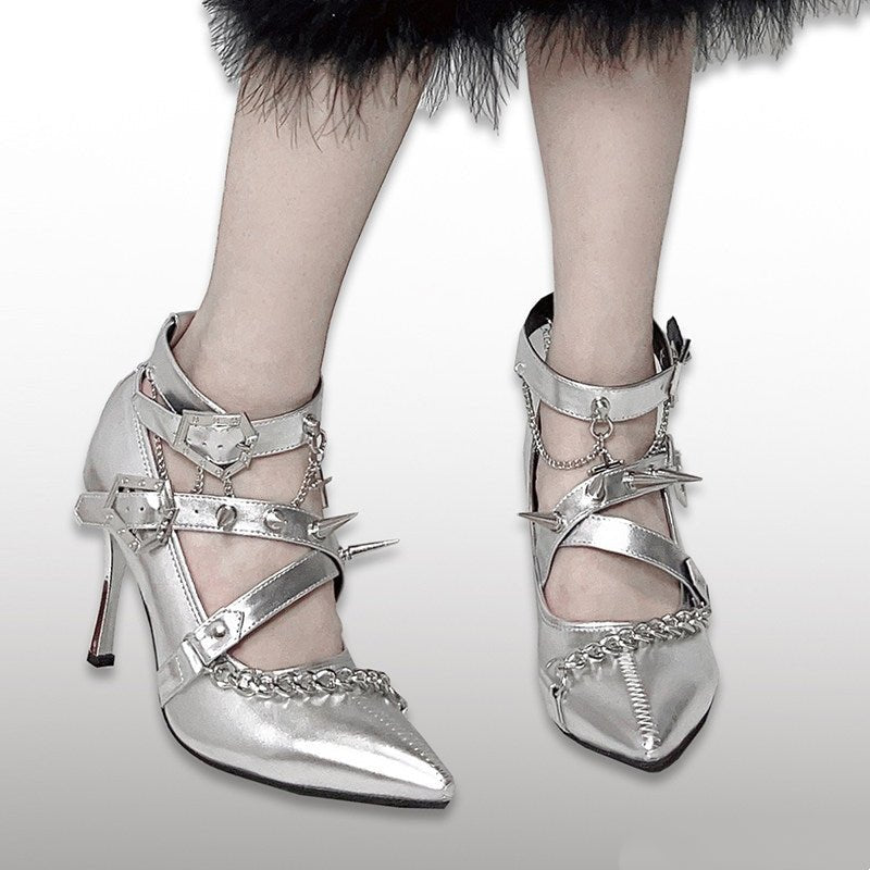 Scarlet Sorceress Pointed - Toe Metallic Stiletto Heels LE5114 - LolitaEraBlack Set34Scarlet Sorceress Pointed - Toe Metallic Stiletto Heels LE5114