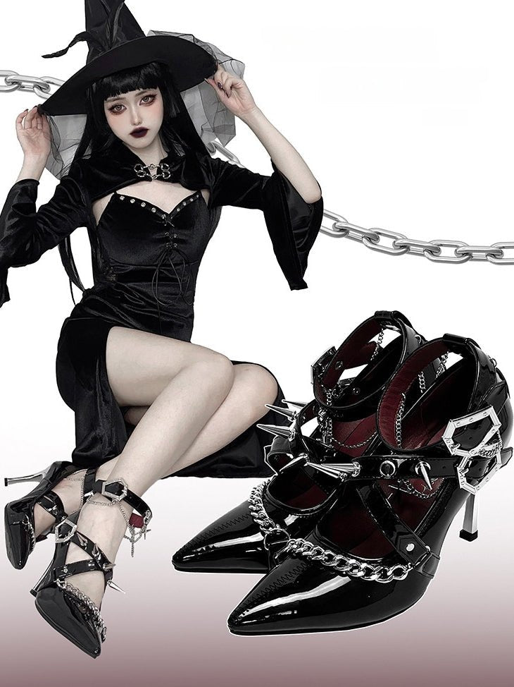 Scarlet Sorceress Pointed - Toe Metallic Stiletto Heels LE5114 - LolitaEraBlack Set34Scarlet Sorceress Pointed - Toe Metallic Stiletto Heels LE5114