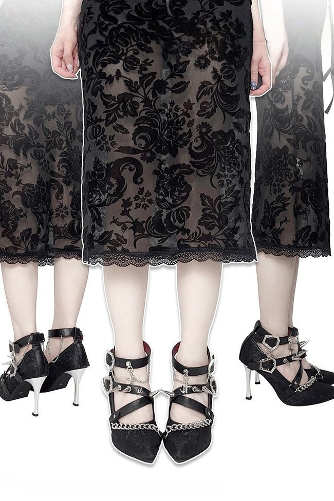 Scarlet Sorceress Pointed - Toe Metallic Stiletto Heels LE5114 - LolitaEraLace black34Scarlet Sorceress Pointed - Toe Metallic Stiletto Heels LE5114