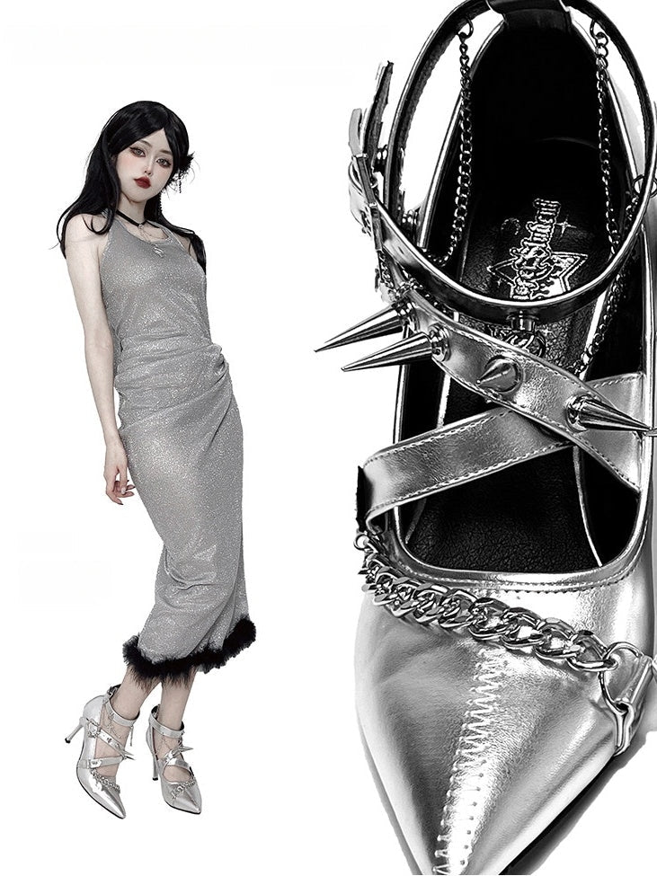 Scarlet Sorceress Pointed - Toe Metallic Stiletto Heels LE5114 - LolitaEraBlack Set34Scarlet Sorceress Pointed - Toe Metallic Stiletto Heels LE5114