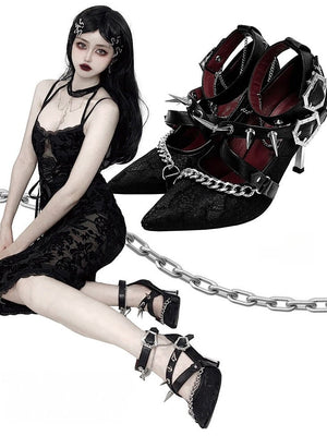 Scarlet Sorceress Pointed - Toe Metallic Stiletto Heels LE5114 - LolitaEraLace black34Scarlet Sorceress Pointed - Toe Metallic Stiletto Heels LE5114