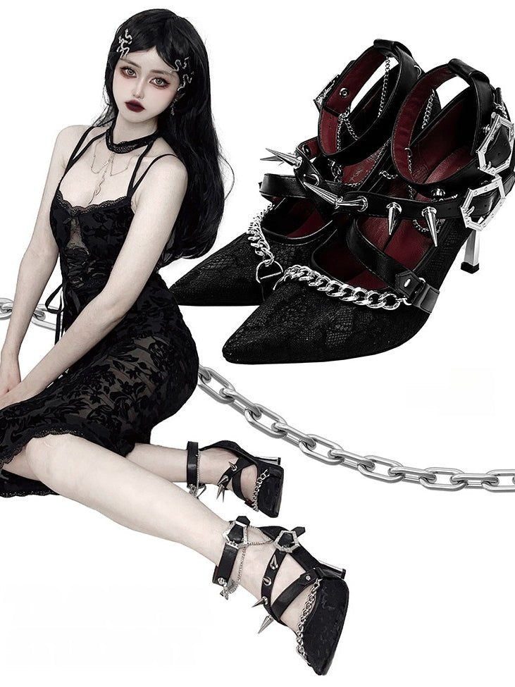 Scarlet Sorceress Pointed - Toe Metallic Stiletto Heels LE5114 - LolitaEraLace black34Scarlet Sorceress Pointed - Toe Metallic Stiletto Heels LE5114