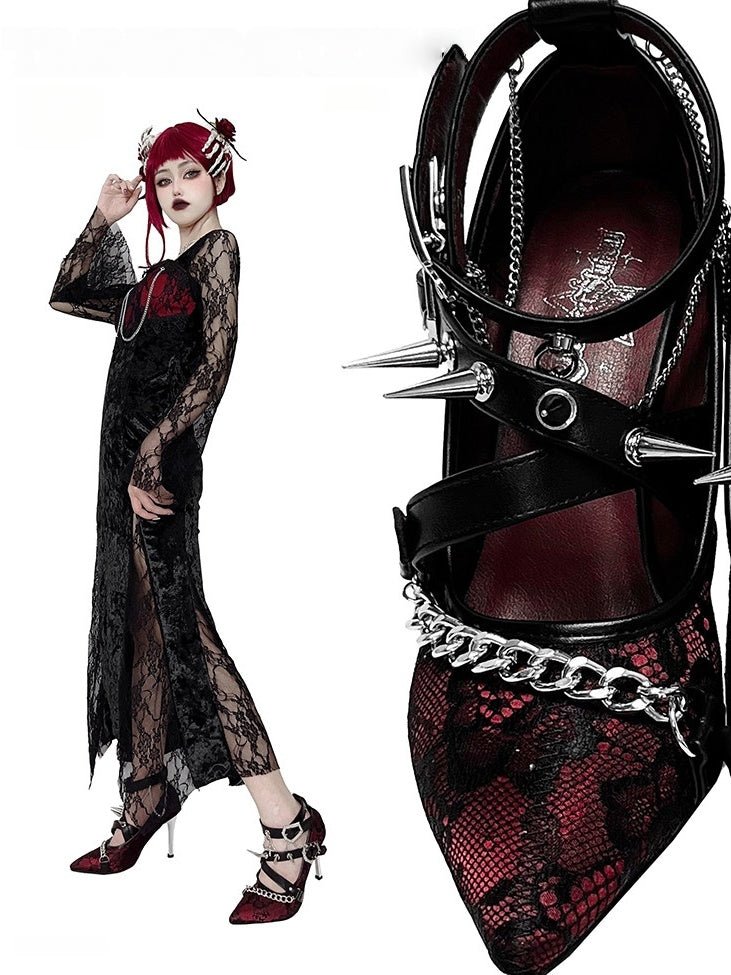 Scarlet Sorceress Pointed - Toe Metallic Stiletto Heels LE5114 - LolitaEraLace black34Scarlet Sorceress Pointed - Toe Metallic Stiletto Heels LE5114