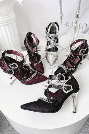Scarlet Sorceress Pointed - Toe Metallic Stiletto Heels LE5114 - LolitaEraLace black34Scarlet Sorceress Pointed - Toe Metallic Stiletto Heels LE5114
