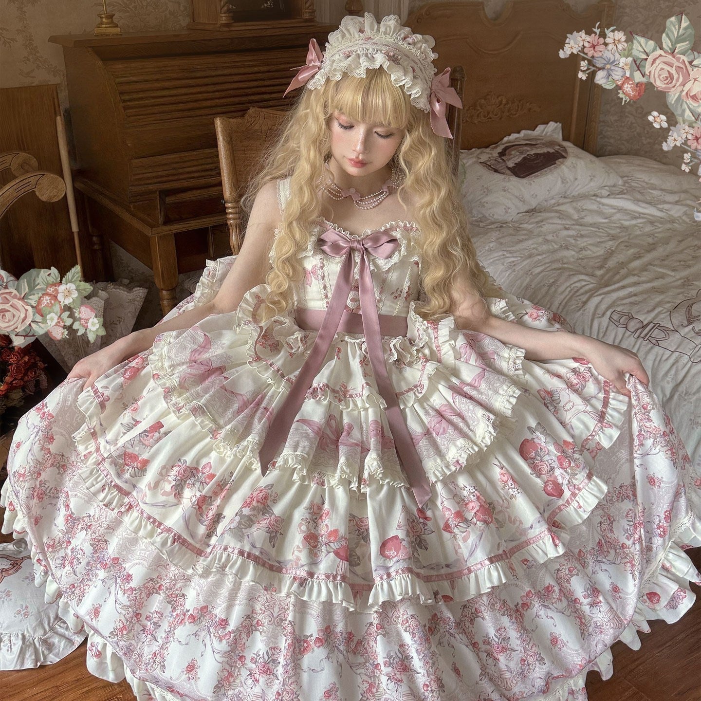 Secret Garden Lolita Pink JSK Dress LE1204 - LolitaEraPink JSKSSecret Garden Lolita Pink JSK Dress LE1204