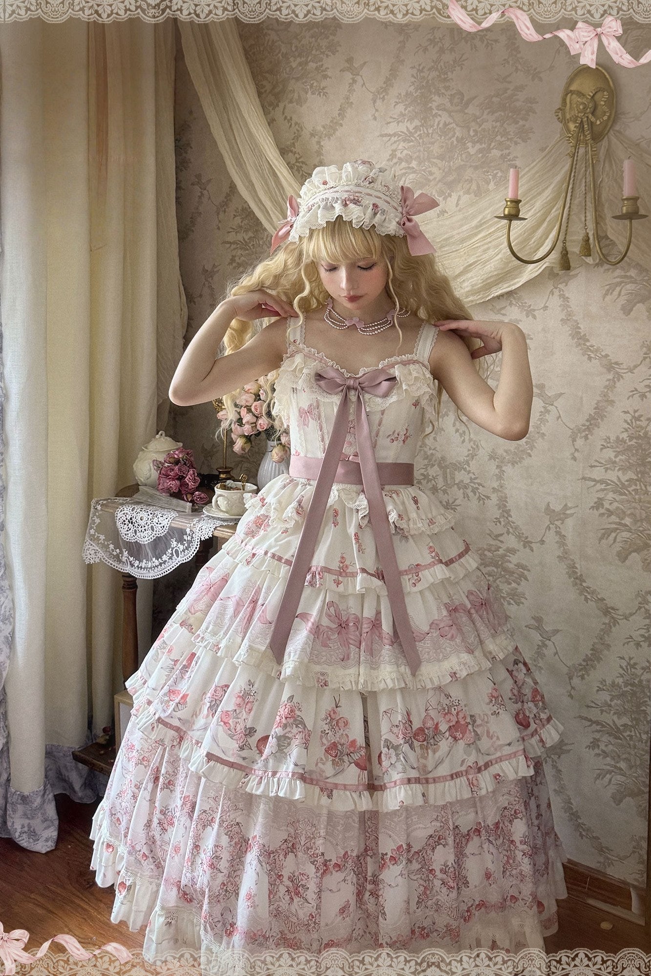 Secret Garden Lolita Pink JSK Dress LE1204 - LolitaEraPink JSKSSecret Garden Lolita Pink JSK Dress LE1204