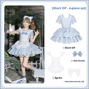 Seven Day Bell Navy Collar Tiered Short OP Lolita Dress - LolitaEraShort OP 4 - Piece Set (OP + Apron + Brooch + Hair Clip)SSeven Day Bell Navy Collar Tiered Short OP Lolita Dress