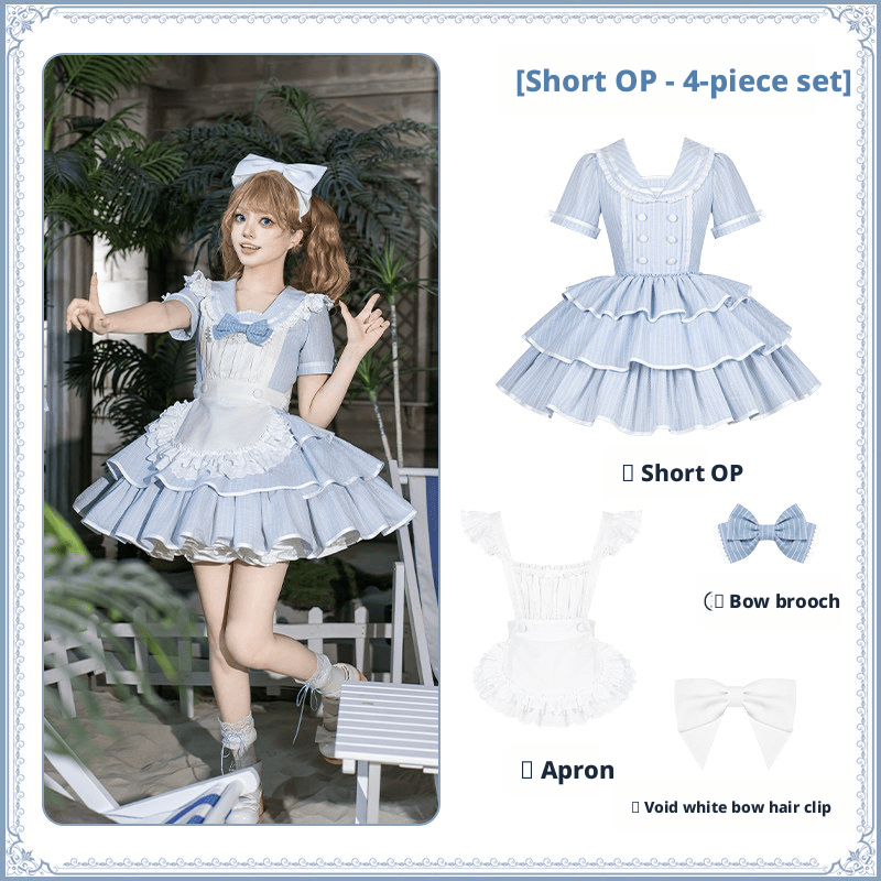 Seven Day Bell Navy Collar Tiered Short OP Lolita Dress - LolitaEraShort OP 4 - Piece Set (OP + Apron + Brooch + Hair Clip)SSeven Day Bell Navy Collar Tiered Short OP Lolita Dress
