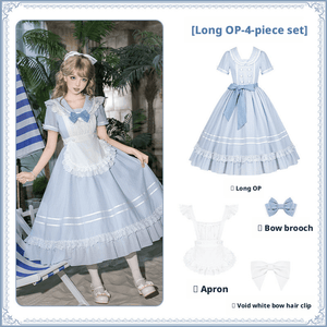 Seven Day Bell Navy Collar Tiered Short OP Lolita Dress - LolitaEraLong OP 4 - Piece Set (OP + Apron + Brooch + Hair Clip)SSeven Day Bell Navy Collar Tiered Short OP Lolita Dress