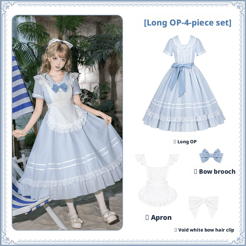 Seven Day Bell Navy Collar Tiered Short OP Lolita Dress - LolitaEraLong OP 4 - Piece Set (OP + Apron + Brooch + Hair Clip)SSeven Day Bell Navy Collar Tiered Short OP Lolita Dress