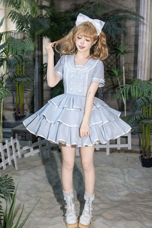 Seven Day Bell Navy Collar Tiered Short OP Lolita Dress - LolitaEraLong OP 4 - Piece Set (OP + Apron + Brooch + Hair Clip)SSeven Day Bell Navy Collar Tiered Short OP Lolita Dress
