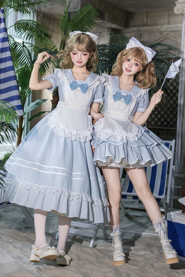 Seven Day Bell Navy Collar Tiered Short OP Lolita Dress - LolitaEraLong OP 4 - Piece Set (OP + Apron + Brooch + Hair Clip)SSeven Day Bell Navy Collar Tiered Short OP Lolita Dress