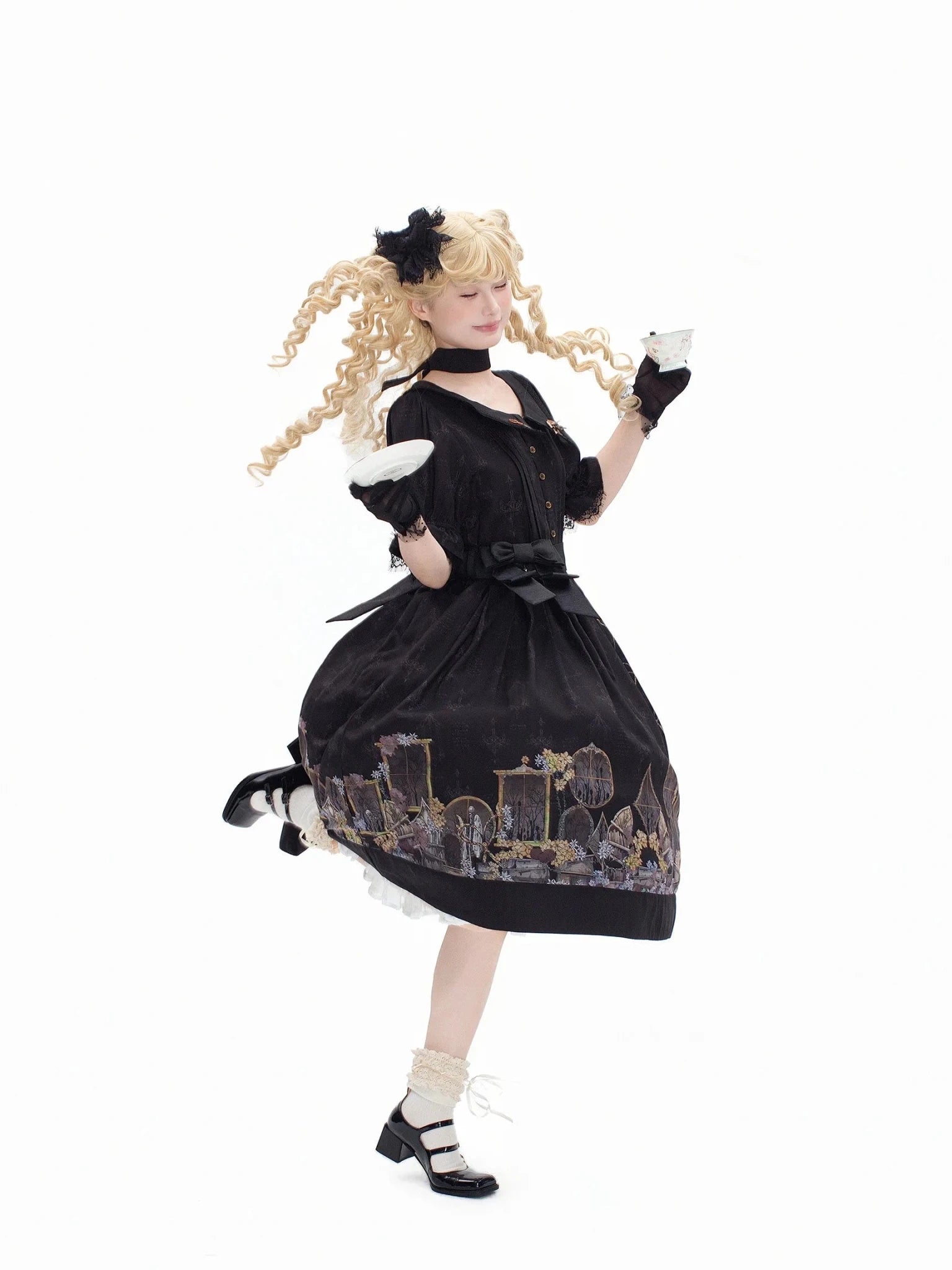 Shadow Window Lolita Gothic Peter‑pan Collar OP & Velvet JSK Dress - LolitaEra