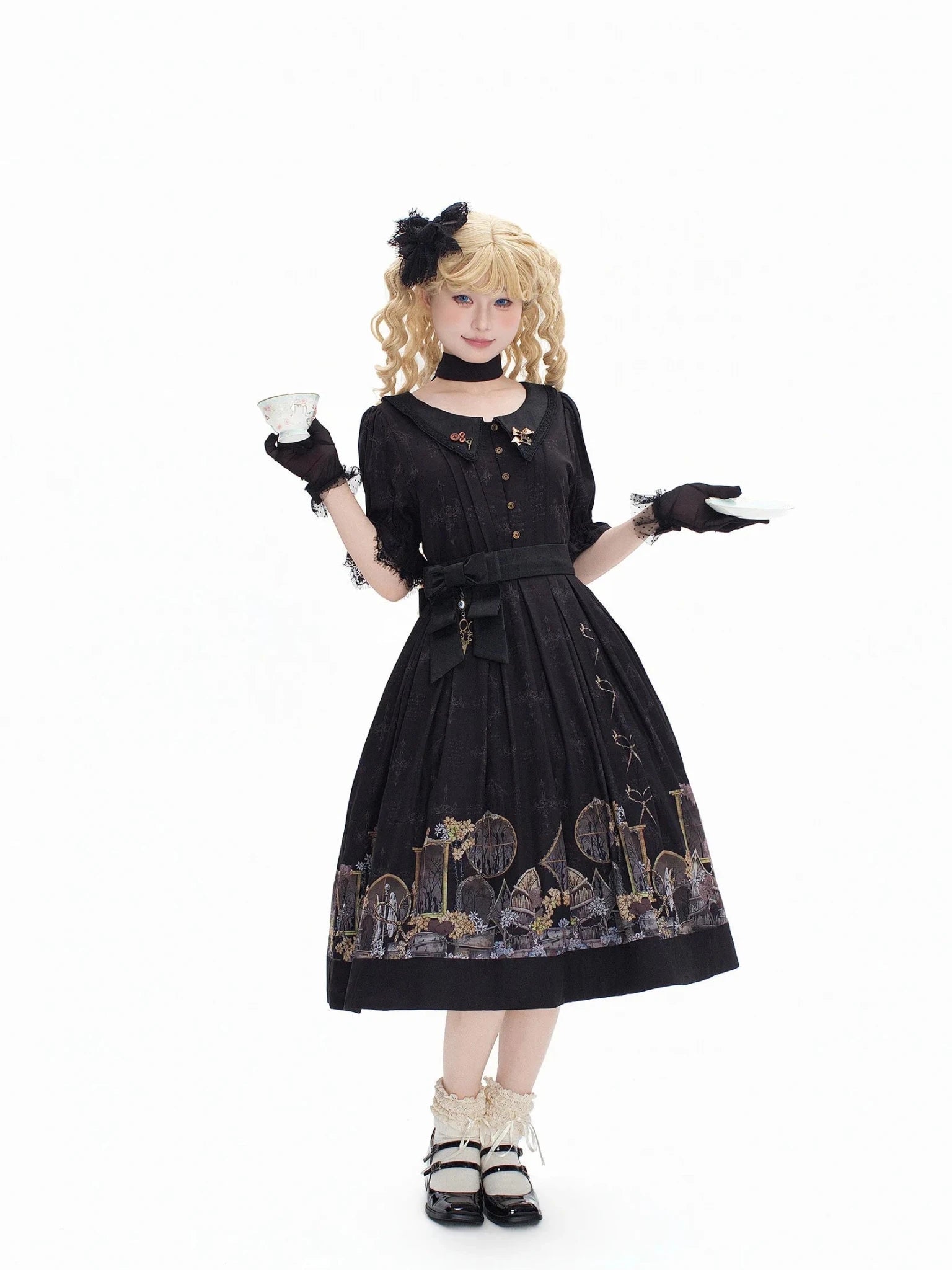 Shadow Window Lolita Gothic Peter‑pan Collar OP & Velvet JSK Dress - LolitaEra