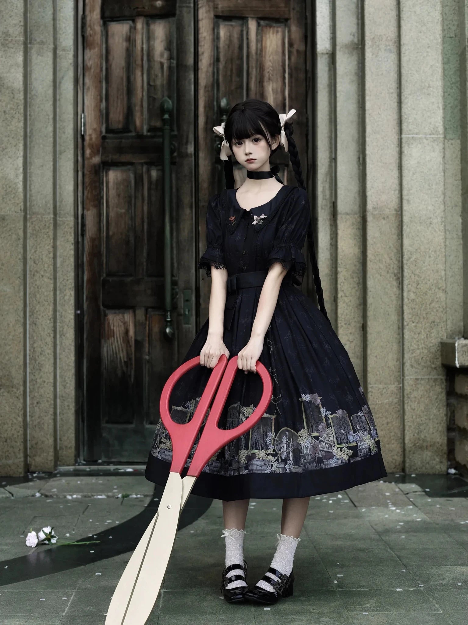 Shadow Window Lolita Gothic Peter‑pan Collar OP & Velvet JSK Dress - LolitaEra
