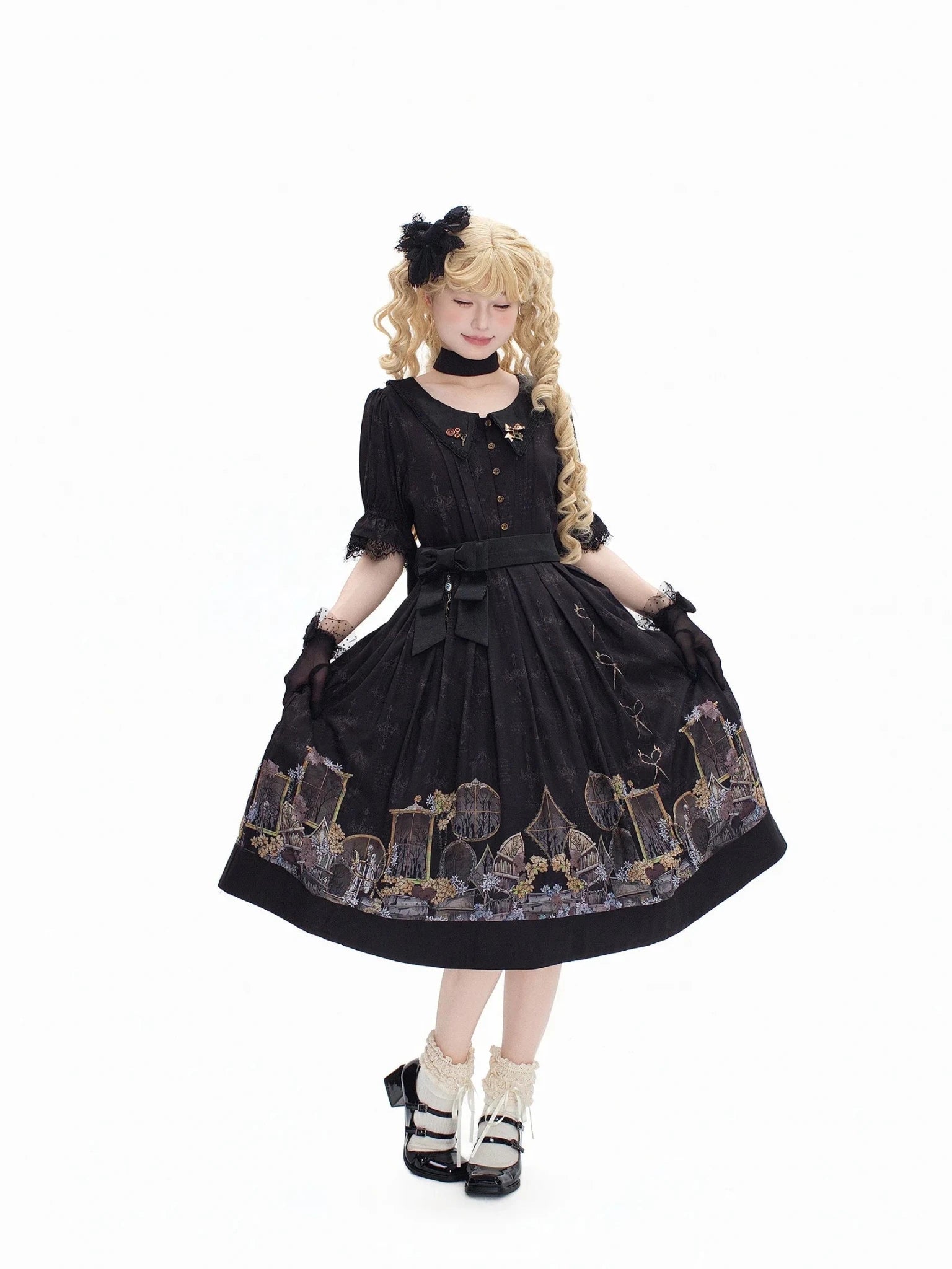 Shadow Window Lolita Gothic Peter‑pan Collar OP & Velvet JSK Dress - LolitaEra
