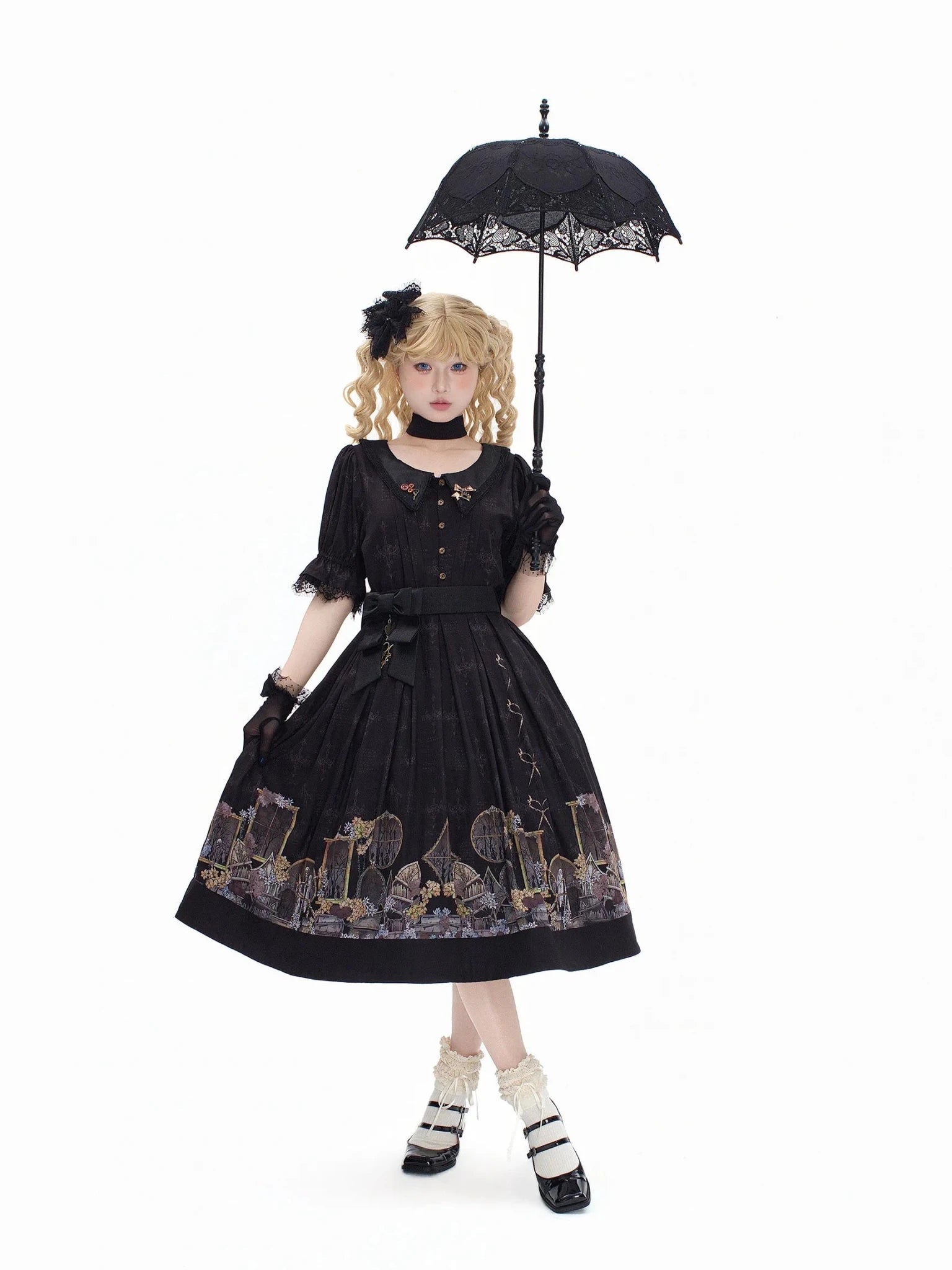 Shadow Window Lolita Gothic Peter‑pan Collar OP & Velvet JSK Dress - LolitaEra