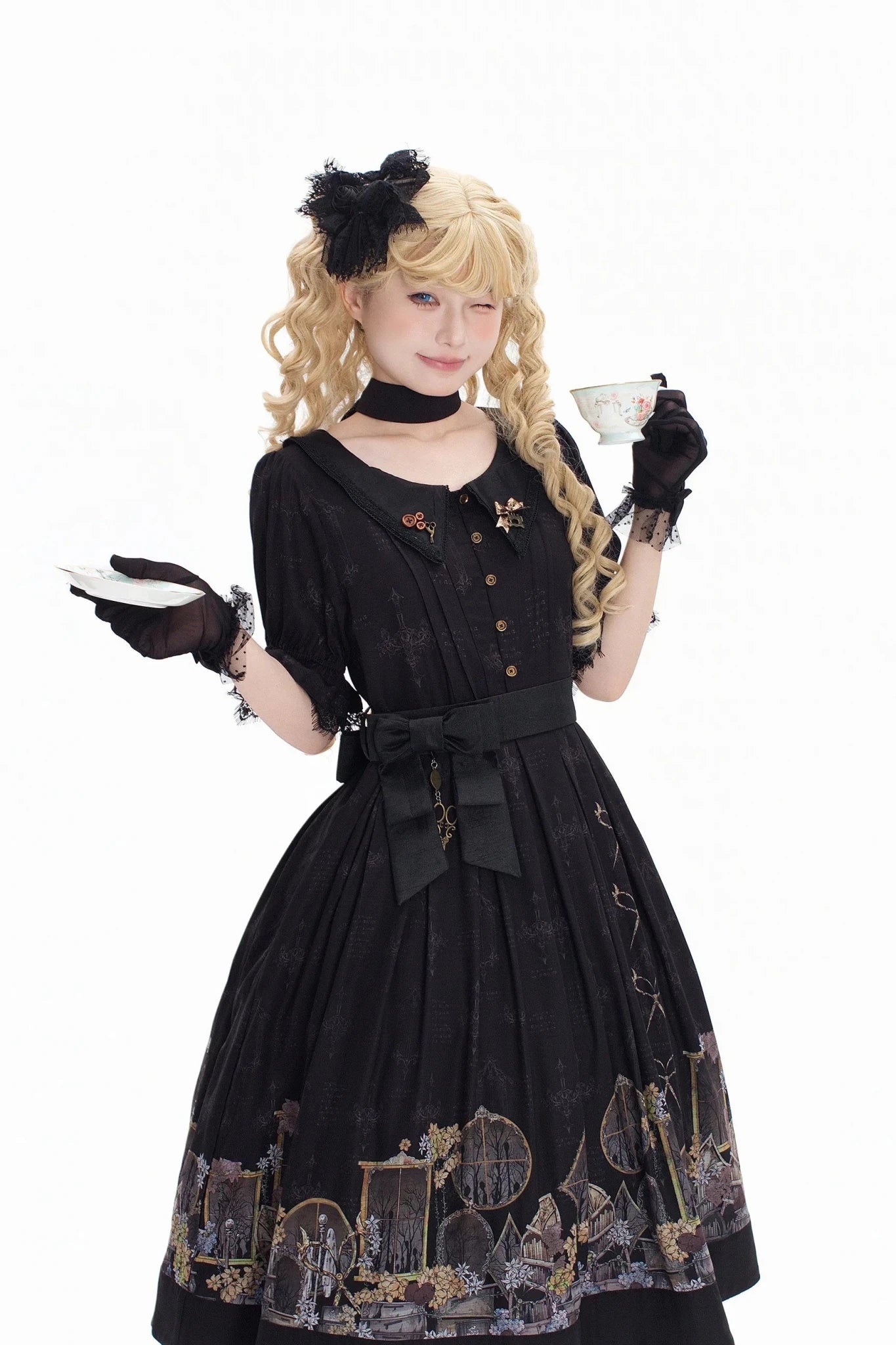 Shadow Window Lolita Gothic Peter‑pan Collar OP & Velvet JSK Dress - LolitaEra