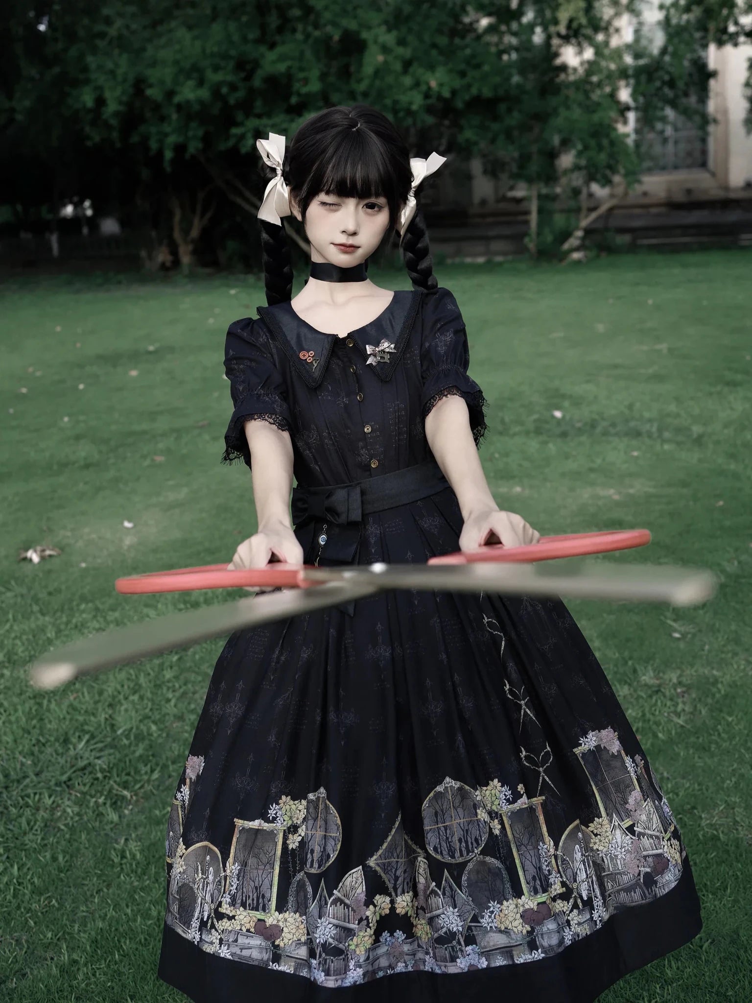 Shadow Window Lolita Gothic Peter‑pan Collar OP & Velvet JSK Dress - LolitaEra