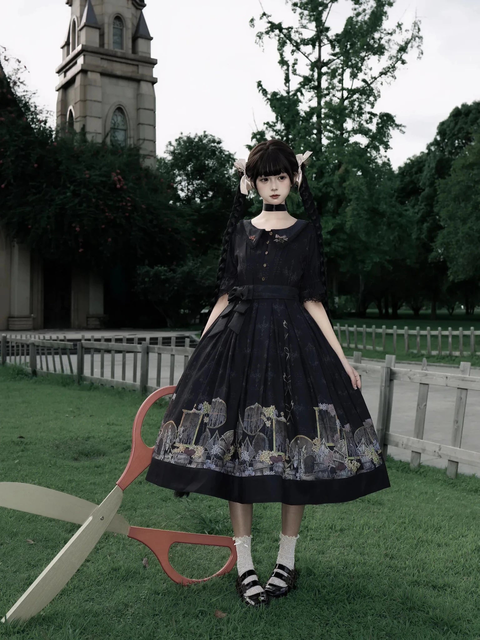 Shadow Window Lolita Gothic Peter‑pan Collar OP & Velvet JSK Dress - LolitaEra
