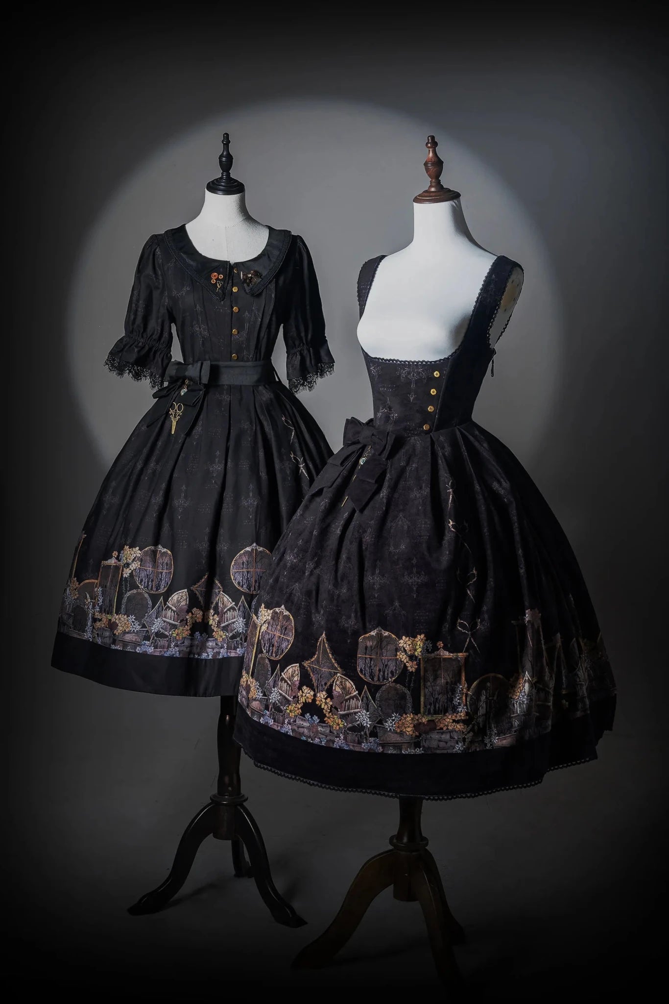 Shadow Window Lolita Gothic Peter‑pan Collar OP & Velvet JSK Dress - LolitaEra