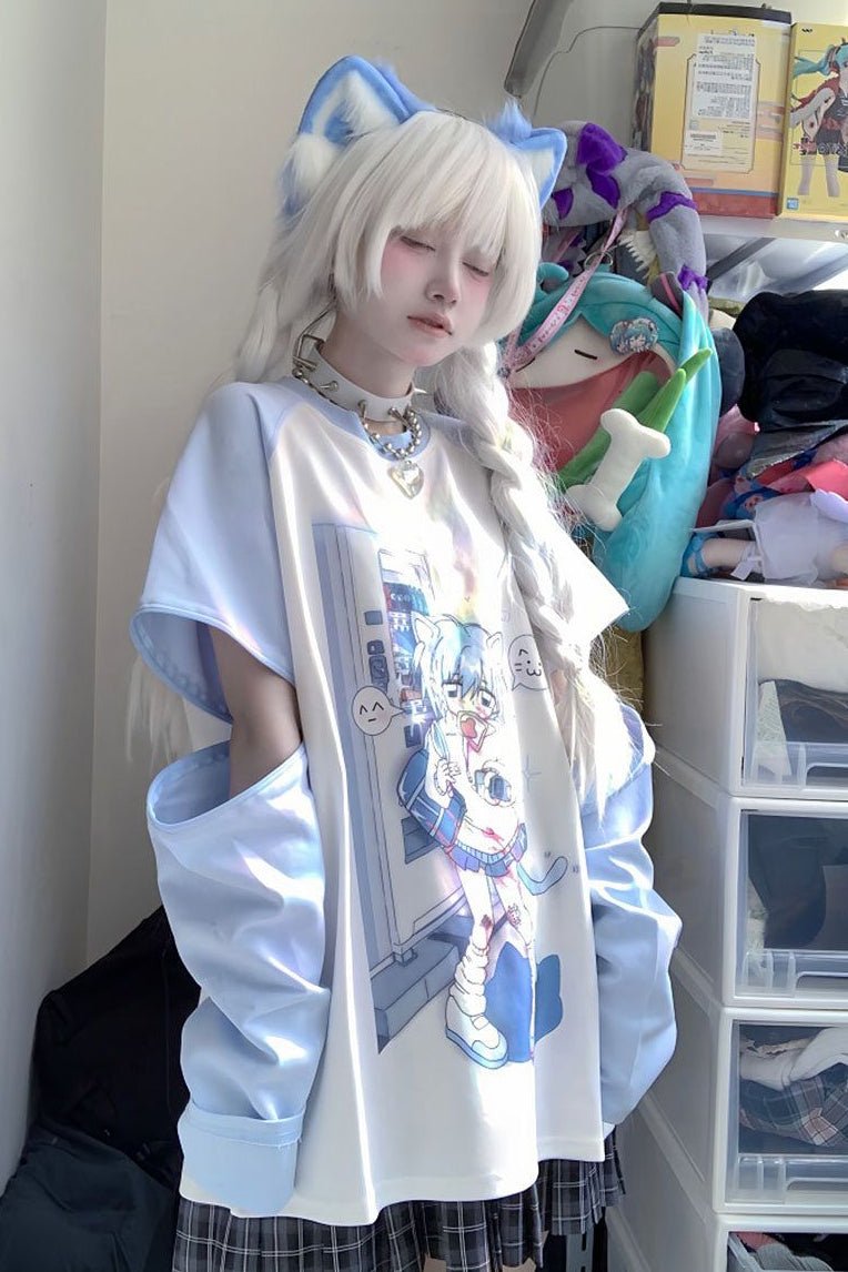Shock Kitty Pastel Blue Anime Subculture Top - LolitaEraBlueSShock Kitty Pastel Blue Anime Subculture Top