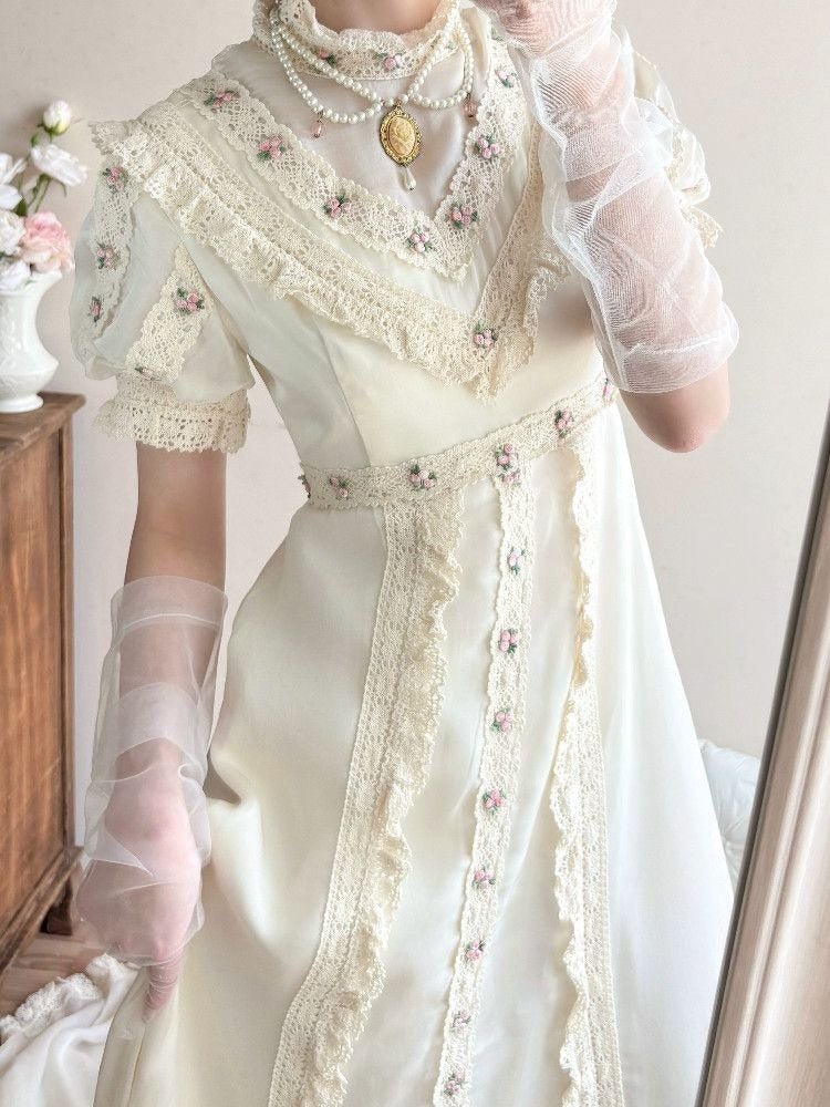 Short Puff Sleeve Empire Waist Lace Dress - LolitaEraTrain SkirtWhiteMShort Puff Sleeve Empire Waist Lace Dress