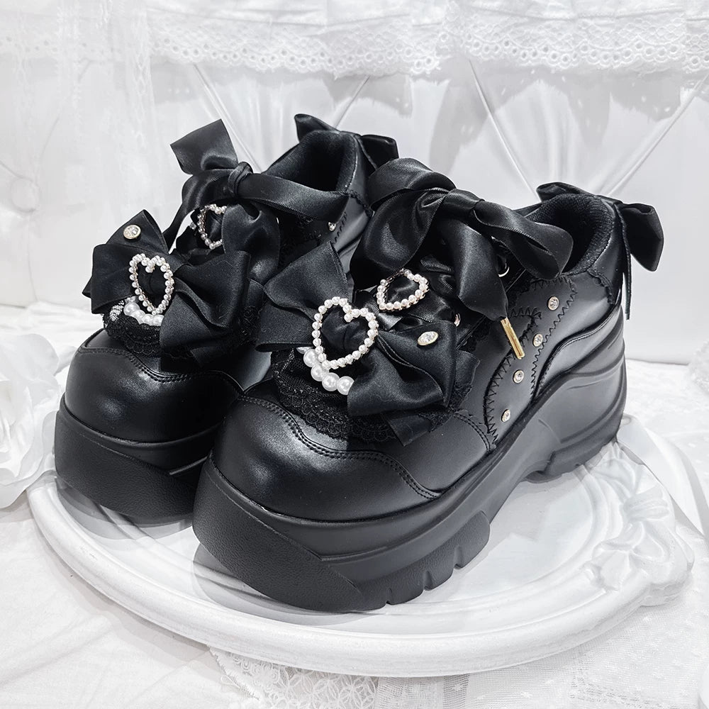 Showa Bubble Pearl Heart Bow Platform Shoes - LolitaEra