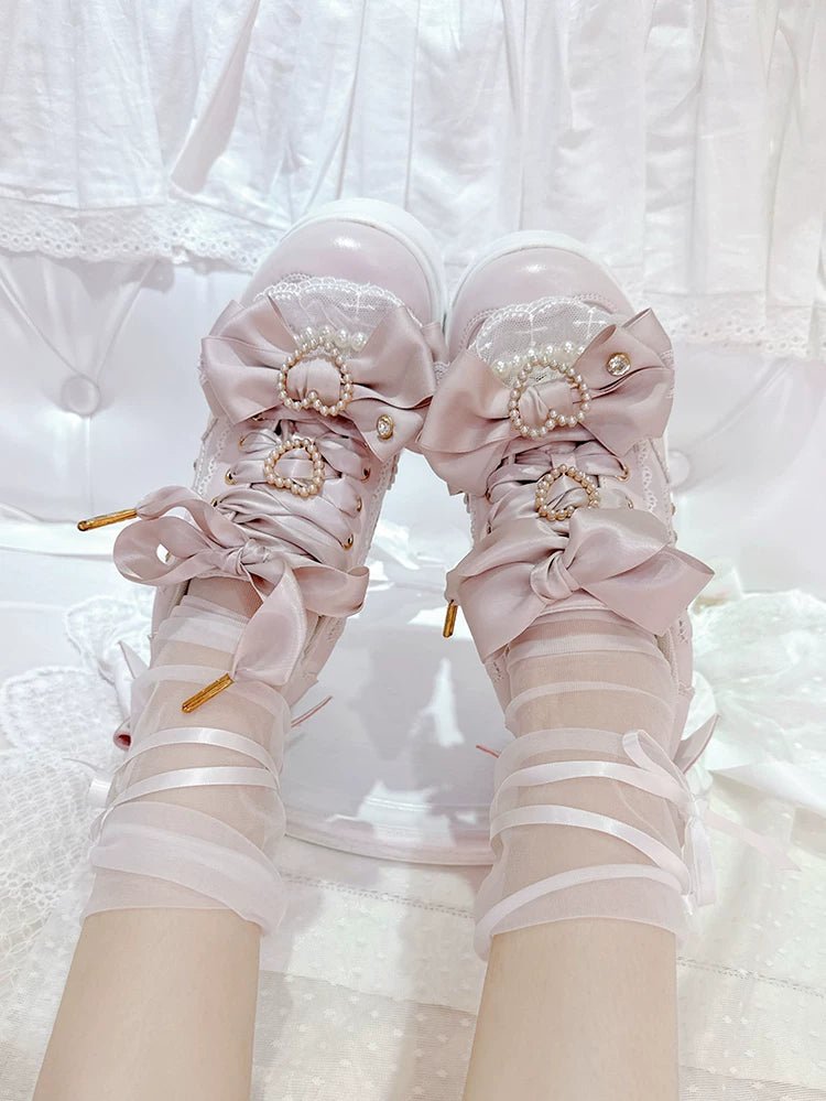 Showa Bubble Pearl Heart Bow Platform Shoes - LolitaEra