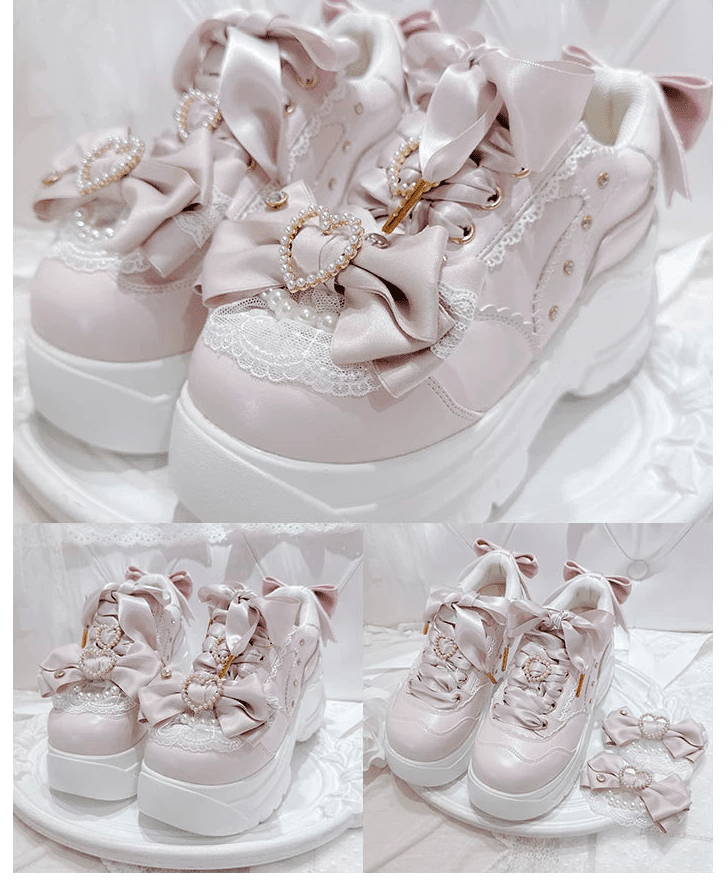 Showa Bubble Pearl Heart Bow Platform Shoes - LolitaEra