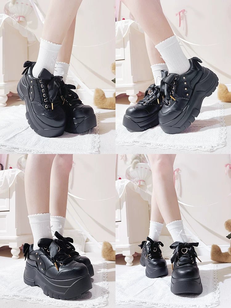 Showa Bubble Pearl Heart Bow Platform Shoes - LolitaEra