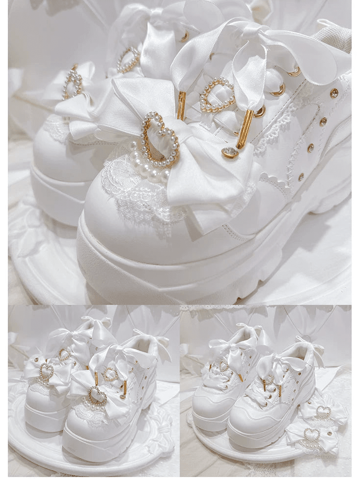 Showa Bubble Pearl Heart Bow Platform Shoes - LolitaEra
